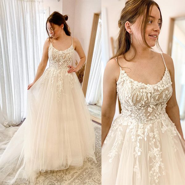 Spaghetti-Straps Lace Wedding Dress Sleeveless Tulle - Fashionpara