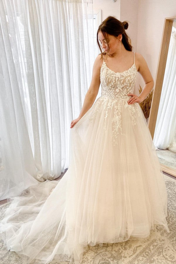 Spaghetti-Straps Lace Wedding Dress Sleeveless Tulle - Fashionpara