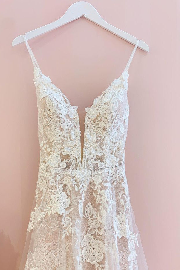 Spaghetti-Straps Lace Wedding Dress Sleeveless With Lace Appliques - Fashionpara