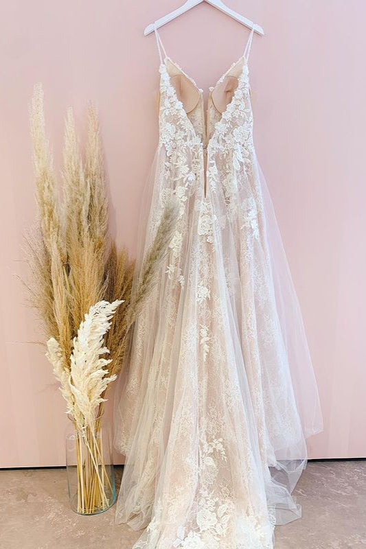Spaghetti-Straps Lace Wedding Dress Sleeveless With Lace Appliques - Fashionpara
