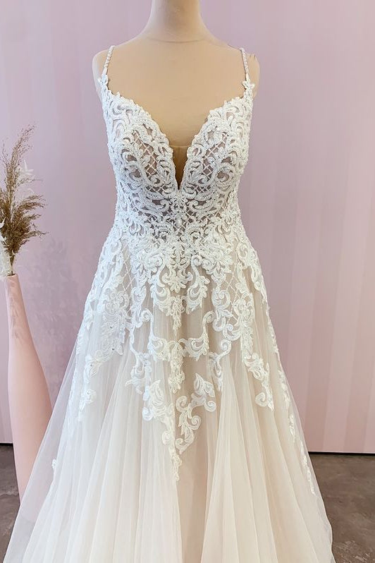 Spaghetti-Straps Lace Wedding Dress Tulle A-Line Bridal Gowns - Fashionpara