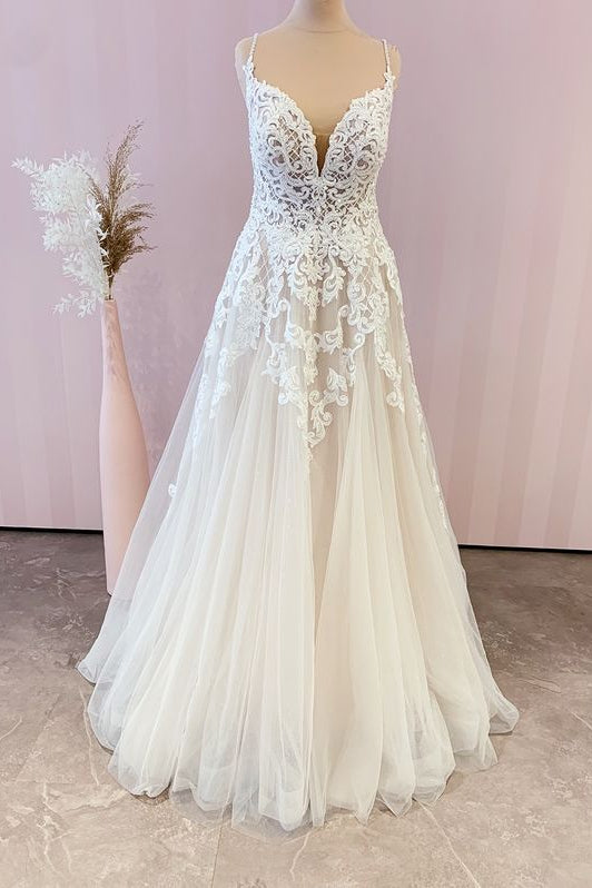Spaghetti-Straps Lace Wedding Dress Tulle A-Line Bridal Gowns - Fashionpara