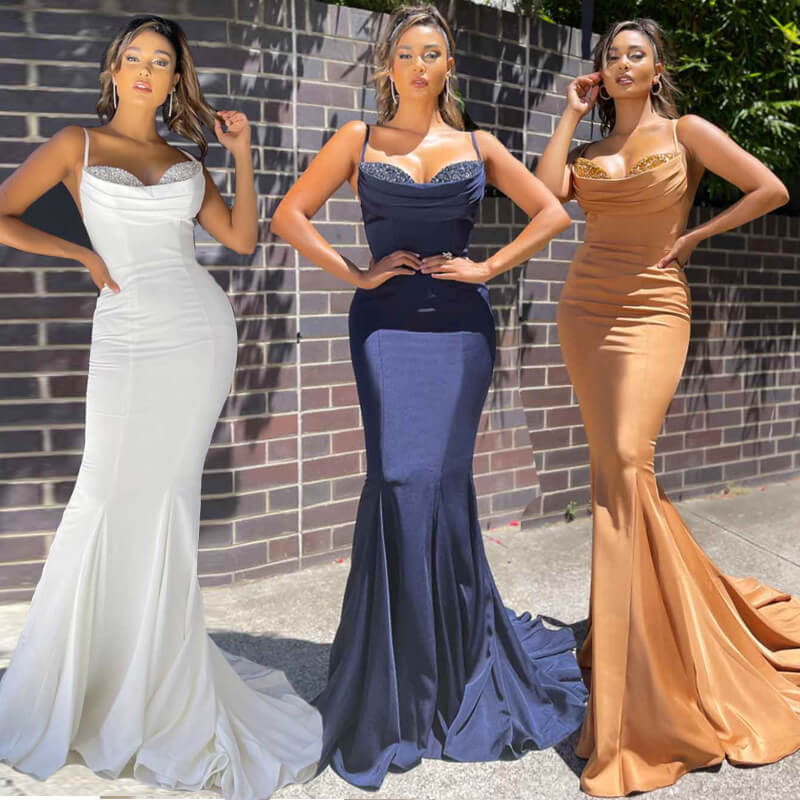 Spaghetti-Straps Mermaid Prom Dress Long Sleeveless With Sequins - Fashionpara