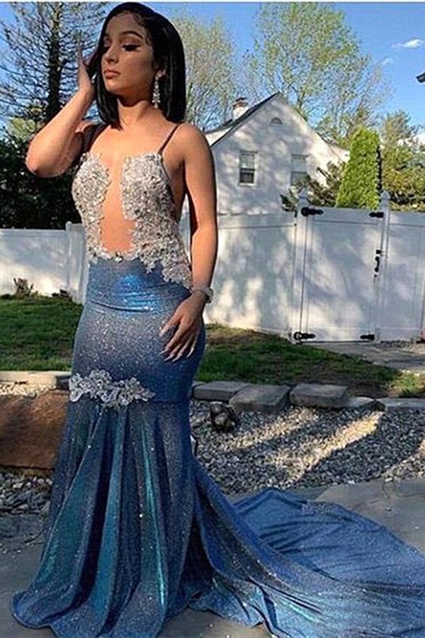 Spaghetti-Straps Mermaid Prom Dress Sleeveless Royal Blue - Fashionpara