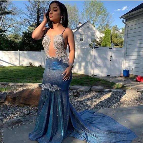 Spaghetti-Straps Mermaid Prom Dress Sleeveless Royal Blue - Fashionpara