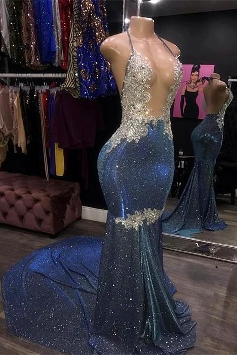 Spaghetti-Straps Mermaid Prom Dress Sleeveless Royal Blue - Fashionpara
