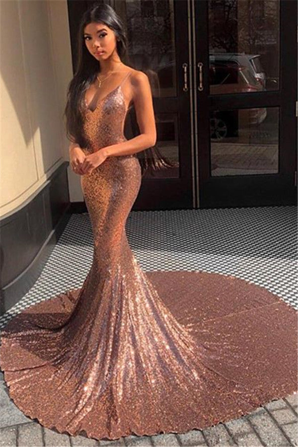 Spaghetti-Straps Mermaid Sequins Long Evening Prom Dress Sleeveless - Fashionpara