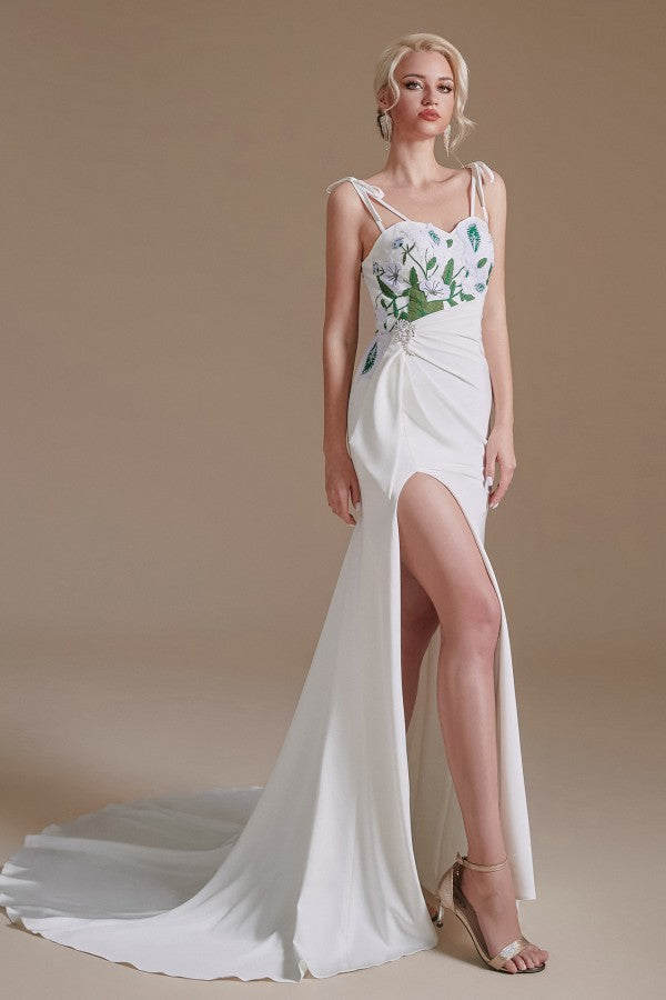 Spaghetti-Straps Mermaid Wedding Dress Split With Print - Fashionpara