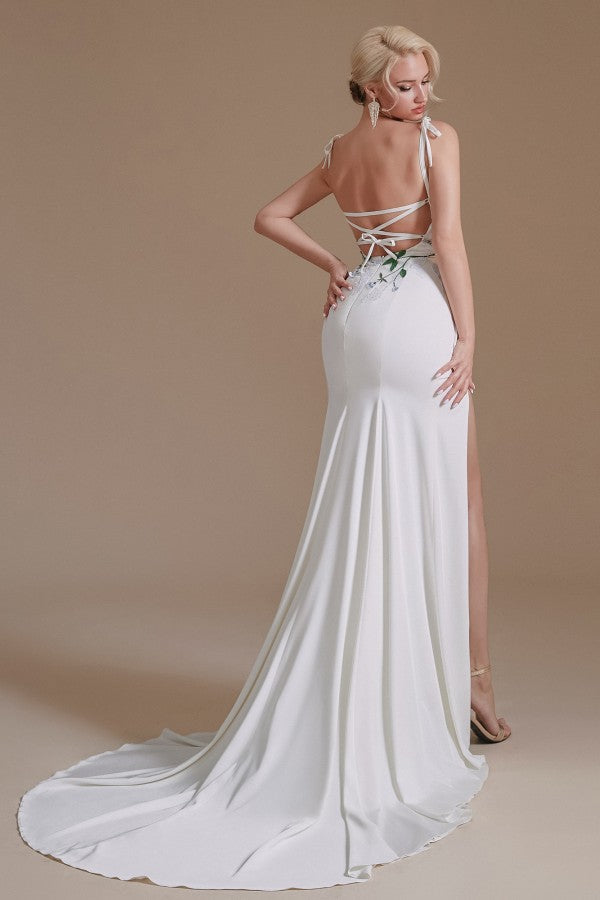 Spaghetti-Straps Mermaid Wedding Dress Split With Print - Fashionpara