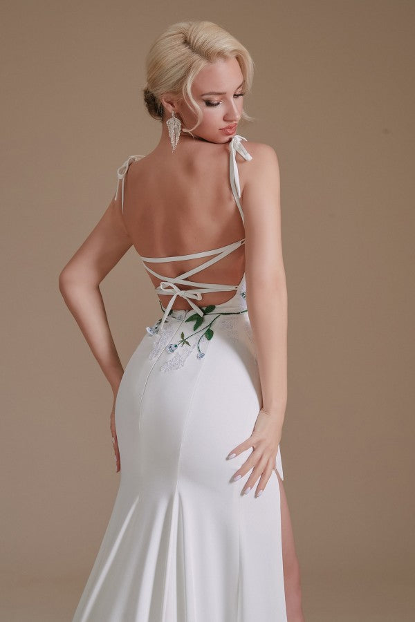 Spaghetti-Straps Mermaid Wedding Dress Split With Print - Fashionpara