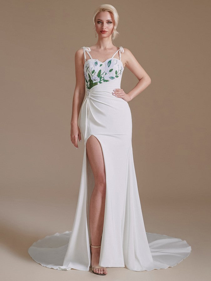 Spaghetti-Straps Mermaid Wedding Dress Split With Print - Fashionpara