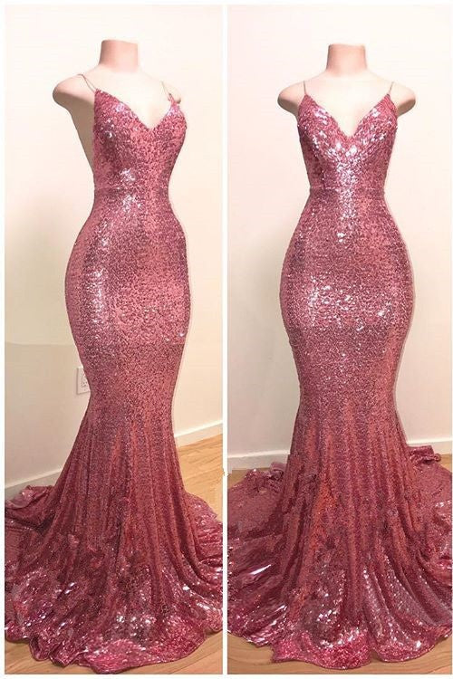 Spaghetti-Straps Sequins Prom Dress Mermaid Long On Sale - Fashionpara