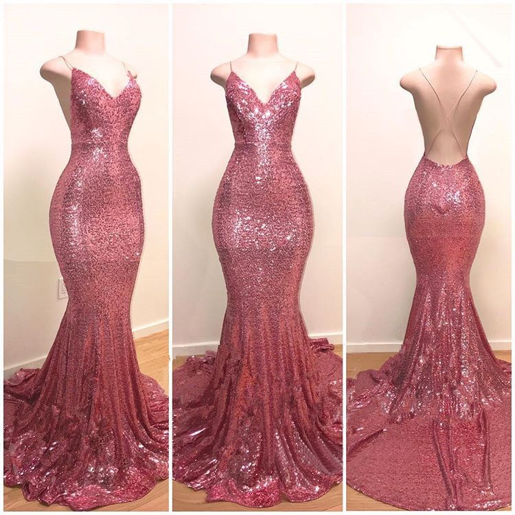 Spaghetti-Straps Sequins Prom Dress Mermaid Long On Sale - Fashionpara