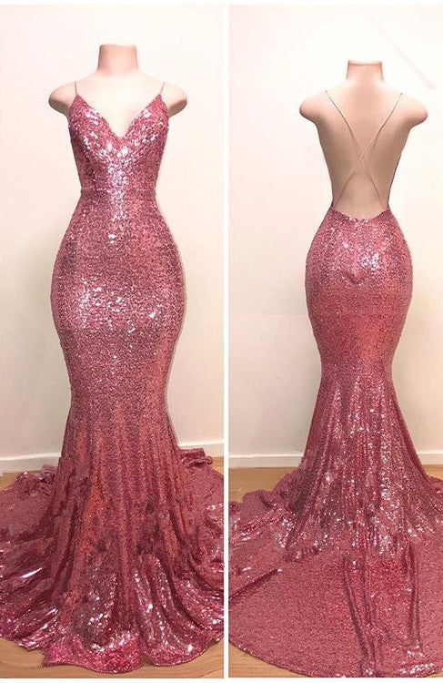 Spaghetti-Straps Sequins Prom Dress Mermaid Long On Sale - Fashionpara