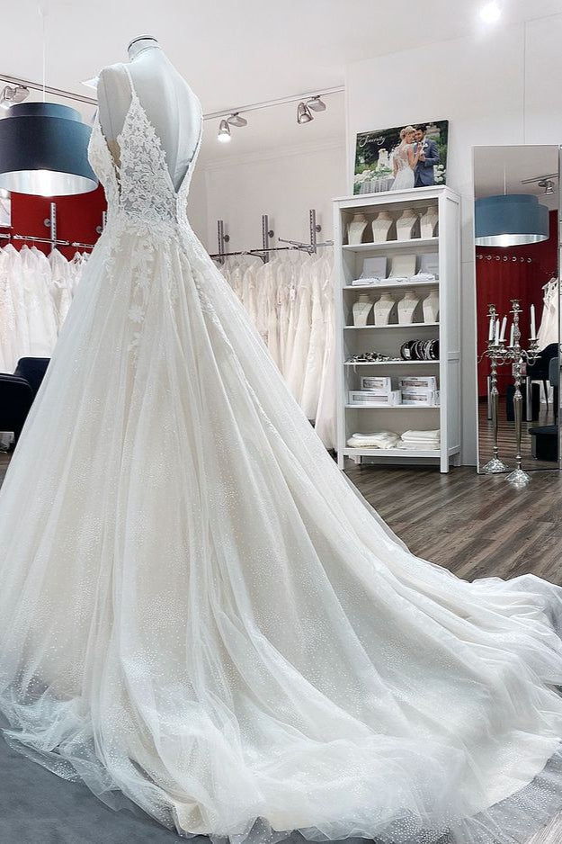 Spaghetti Straps Tulle Lace Appliques A-Line Wedding Dresses - Fashionpara
