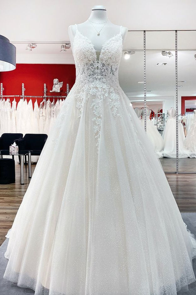 Spaghetti Straps Tulle Lace Appliques A-Line Wedding Dresses - Fashionpara