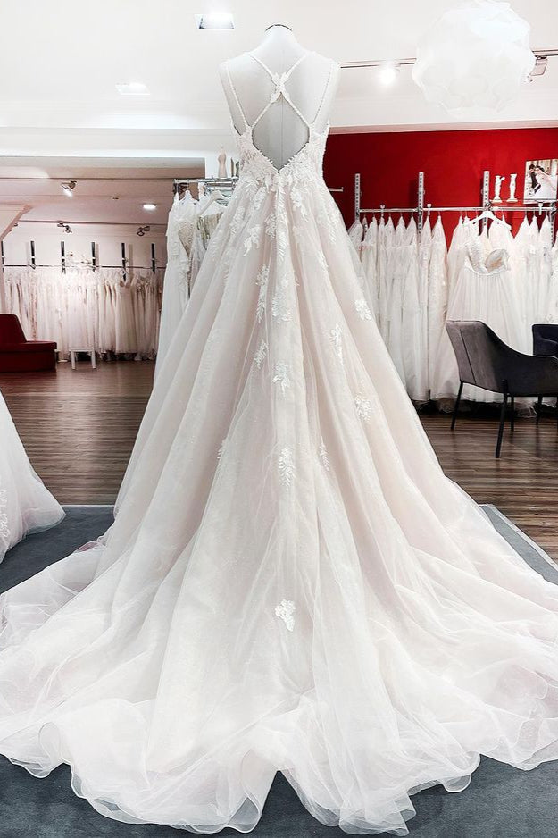 Spaghetti Straps Tulle V Neck Ivory Ruffles Wedding Dresses With Lace - Fashionpara