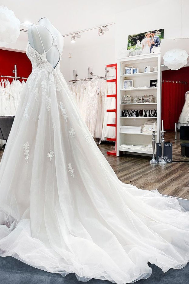 Spaghetti Straps Tulle V Neck Ivory Ruffles Wedding Dresses With Lace - Fashionpara