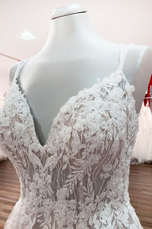 Spaghetti Straps Tulle V Neck Ivory Ruffles Wedding Dresses With Lace - Fashionpara