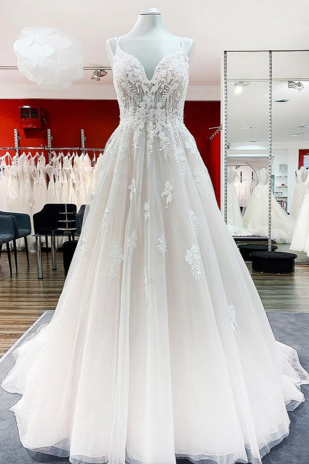 Spaghetti Straps Tulle V Neck Ivory Ruffles Wedding Dresses With Lace - Fashionpara