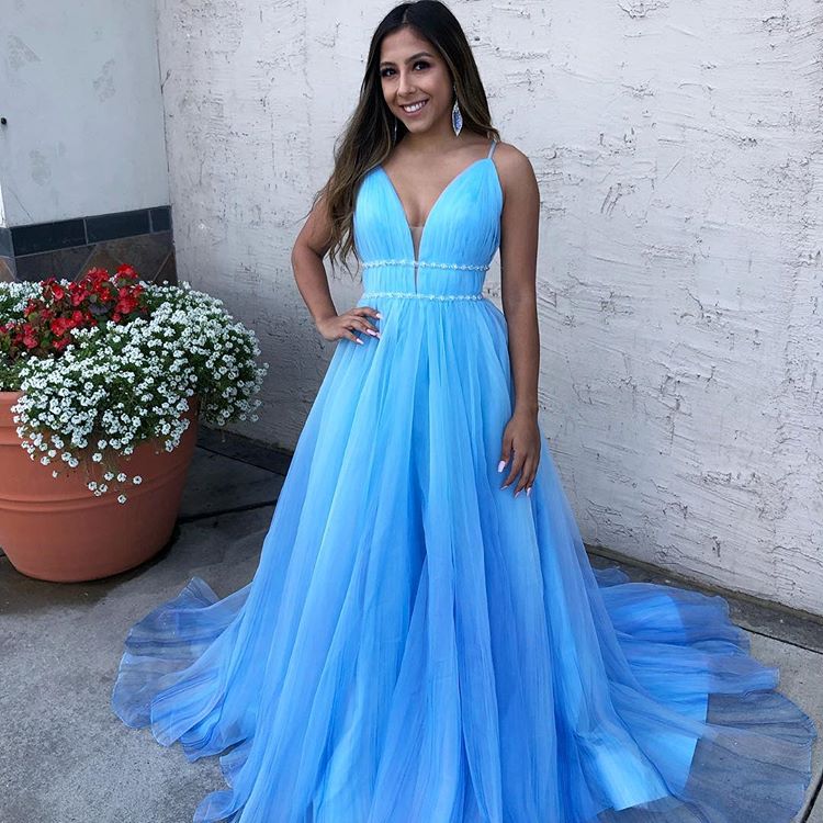 Spaghetti-Straps V-Neck Tulle Blue Prom Dress Sleeveless Long - Fashionpara