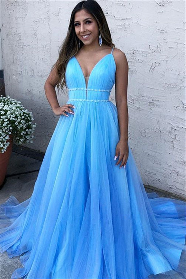 Spaghetti-Straps V-Neck Tulle Blue Prom Dress Sleeveless Long - Fashionpara