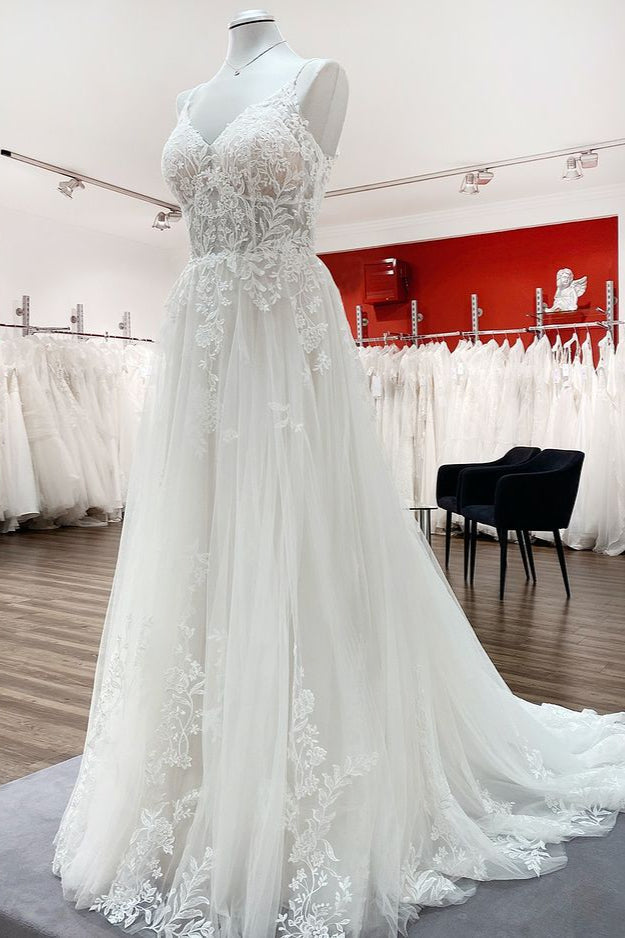 Spaghetti Straps V Neck Tulle Ivory Lace A-Line Wedding Dresses - Fashionpara