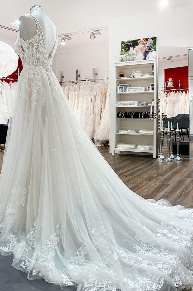 Spaghetti Straps V Neck Tulle Ivory Lace A-Line Wedding Dresses - Fashionpara