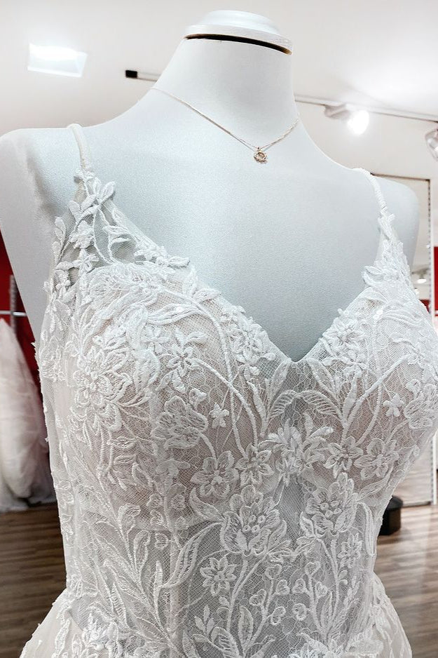 Spaghetti Straps V Neck Tulle Ivory Lace A-Line Wedding Dresses - Fashionpara
