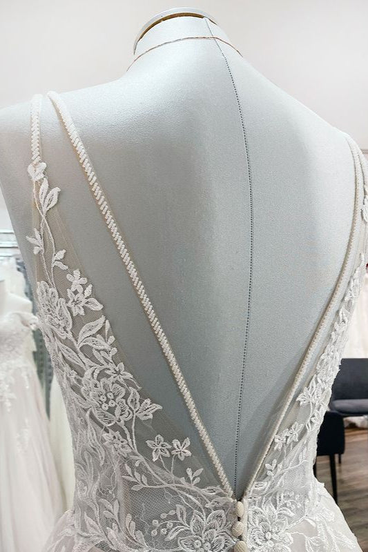 Spaghetti Straps V Neck Tulle Ivory Lace A-Line Wedding Dresses - Fashionpara