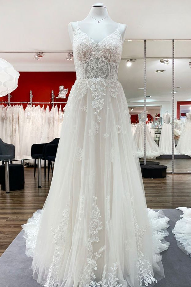Spaghetti Straps V Neck Tulle Ivory Lace A-Line Wedding Dresses - Fashionpara