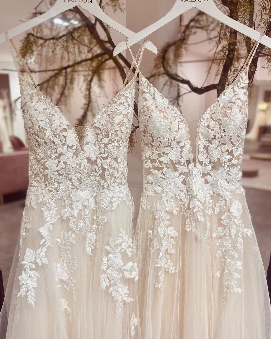 Spaghetti-Straps V-Neck Wedding Dress Sleeveless With Lace Appliques - Fashionpara