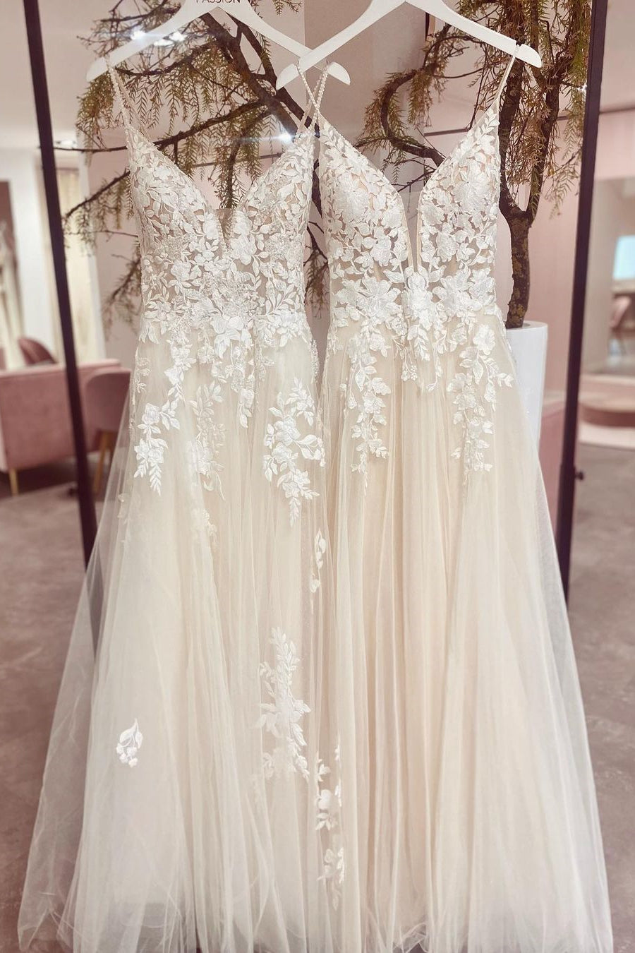 Spaghetti-Straps V-Neck Wedding Dress Sleeveless With Lace Appliques - Fashionpara