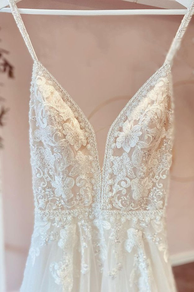 Spaghetti-Straps V-Neck Wedding Dress Tulle Long - Fashionpara