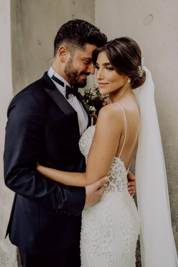 Spaghetti-Straps Wedding Dress Lace Mermaid Sleeveless - Fashionpara