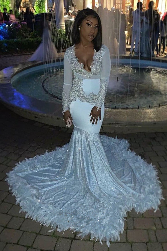 Sparkle Mermaid V-neck Luxurious Feather Long Prom Dresses