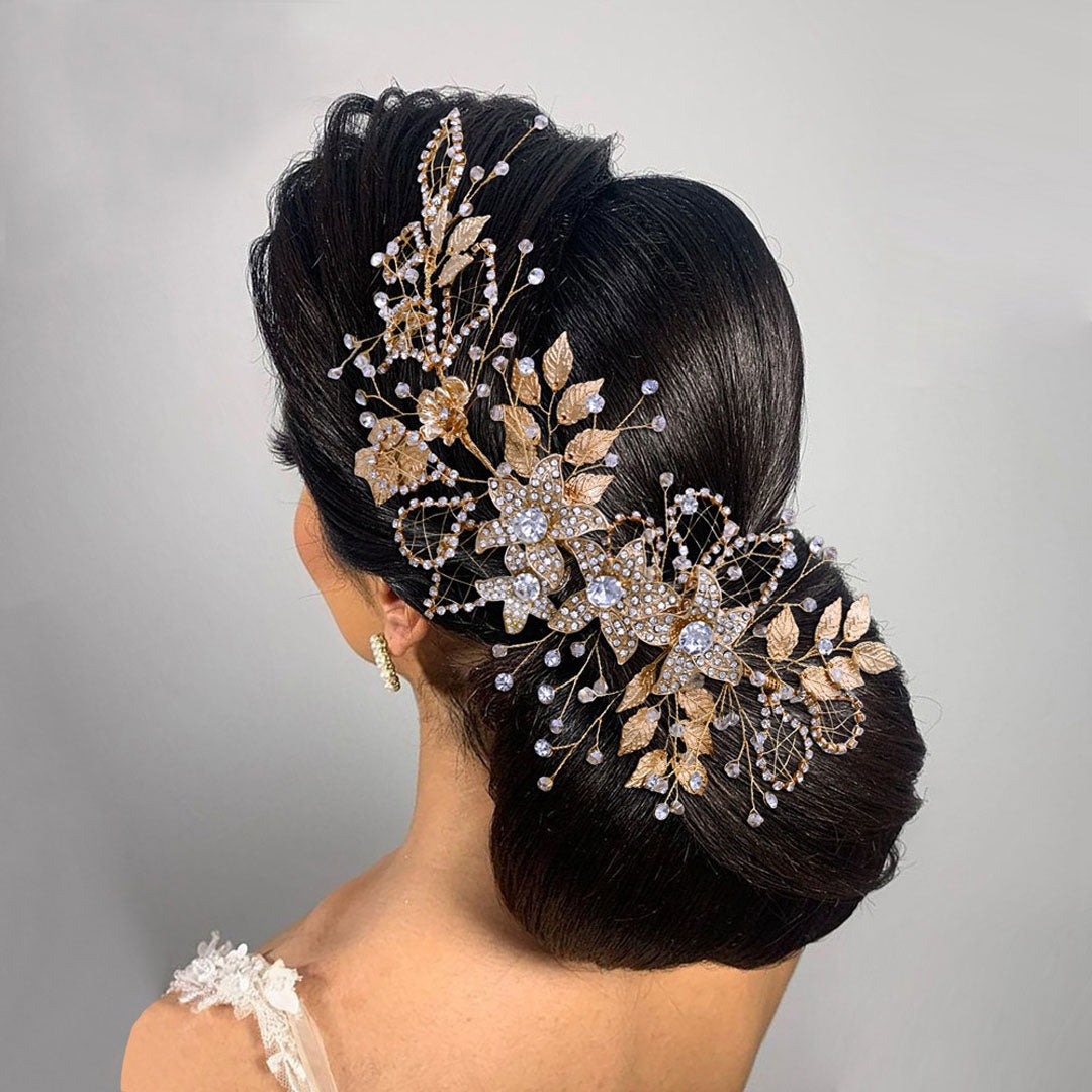 Sparkling Rhinestone Trim 3D Floral Metallic Leaf Bridal Hair Vine