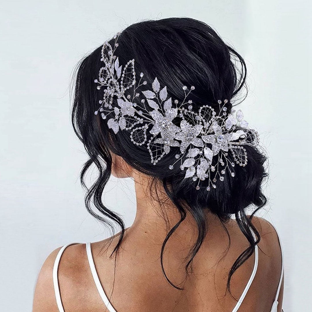 Sparkling Rhinestone Trim 3D Floral Metallic Leaf Bridal Hair Vine