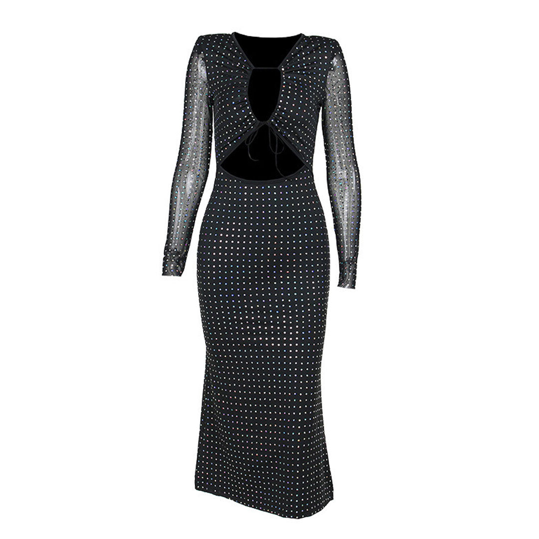Sparkling Sequin Plunge Tie Front Mesh Sleeve Cutout Midi Cocktail Dress - Fashionpara