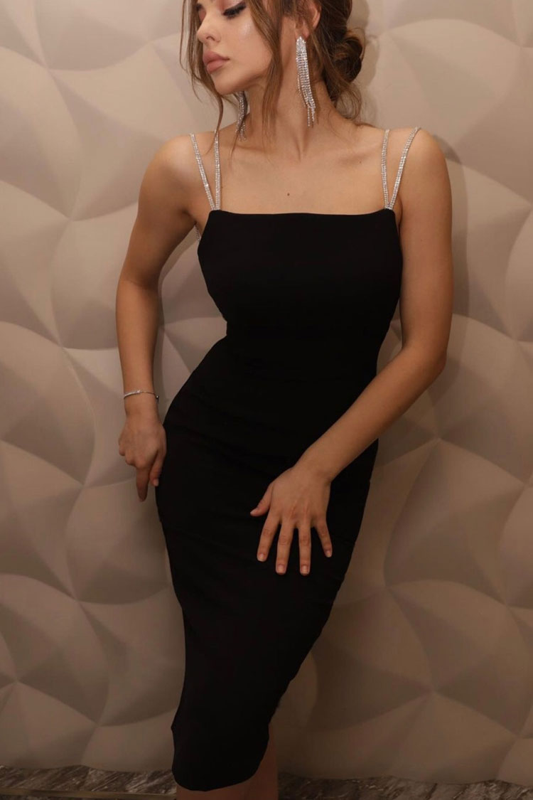 Rhinestone Strap Straight Neck Bandage Bodycon Midi Dress