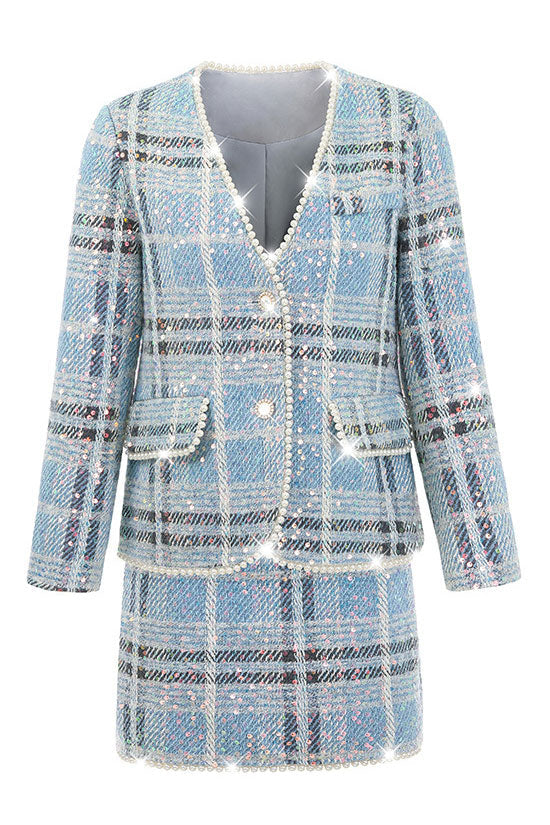 Sparkly Beaded Detail Plaid Tweed Jacket Two Piece Mini Dress - Blue Fashionpara