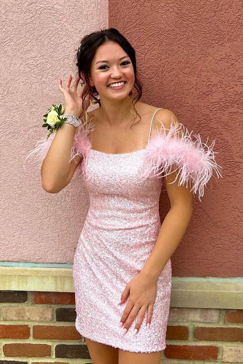 Sparkly Bodycon Scoop Neck Light Pink Sequined Short Homecoming Dress with Feather Trim - Fashionpara