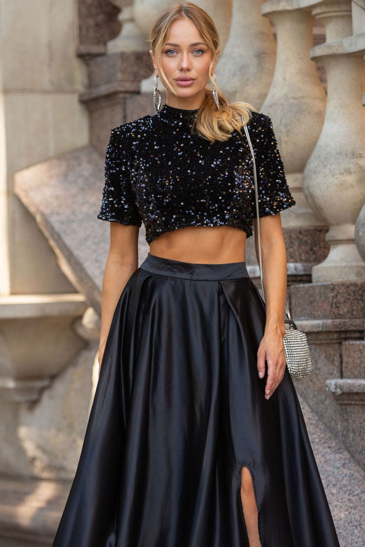 Sparkly Bow Trim Sequin Crop Top Satin Split Skirt Two Piece Maxi Dress - Black - Fashionpara