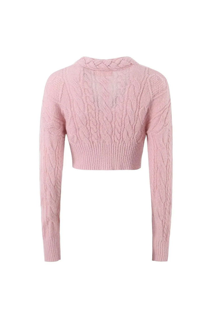 Rosedress Sparkly Cable Knit V Neck Heart Crop Cardigan