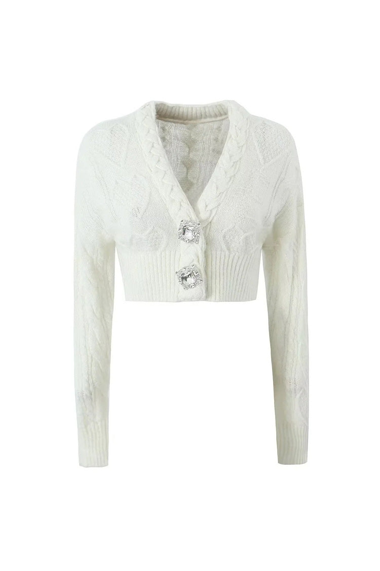 Rosedress Sparkly Cable Knit V Neck Heart Crop Cardigan