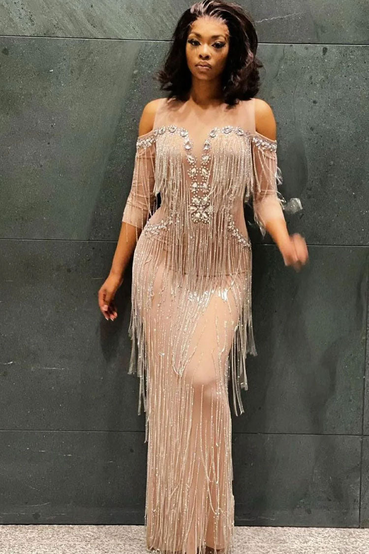 Sparkly Cold Shoulder Sheer Maxi Rhinestone Fringe Split Evening Maxi Dress - Silver  Fashionpara
