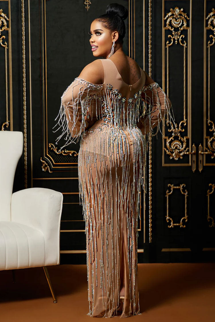 Sparkly Cold Shoulder Sheer Maxi Rhinestone Fringe Split Evening Maxi Dress - Silver Fashionpara