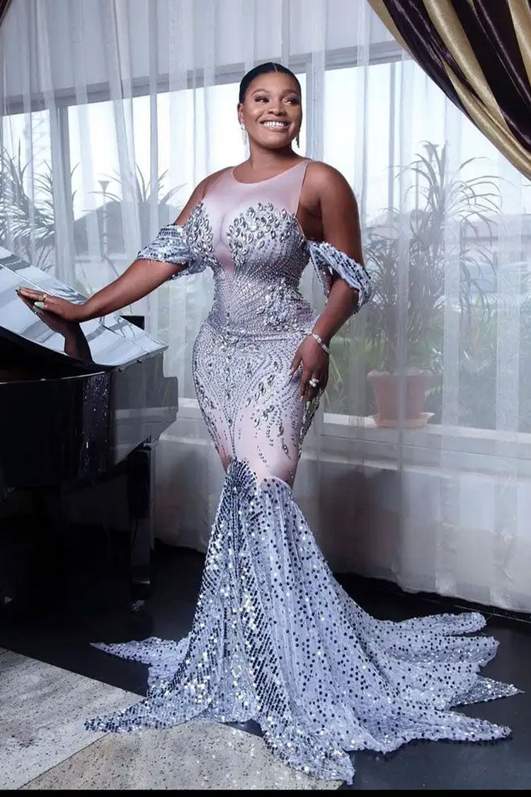 Sparkly Cold Shoulder Silver Rhinestone Sequin Fishtail Evening Maxi Dress - Silver Fashionpara