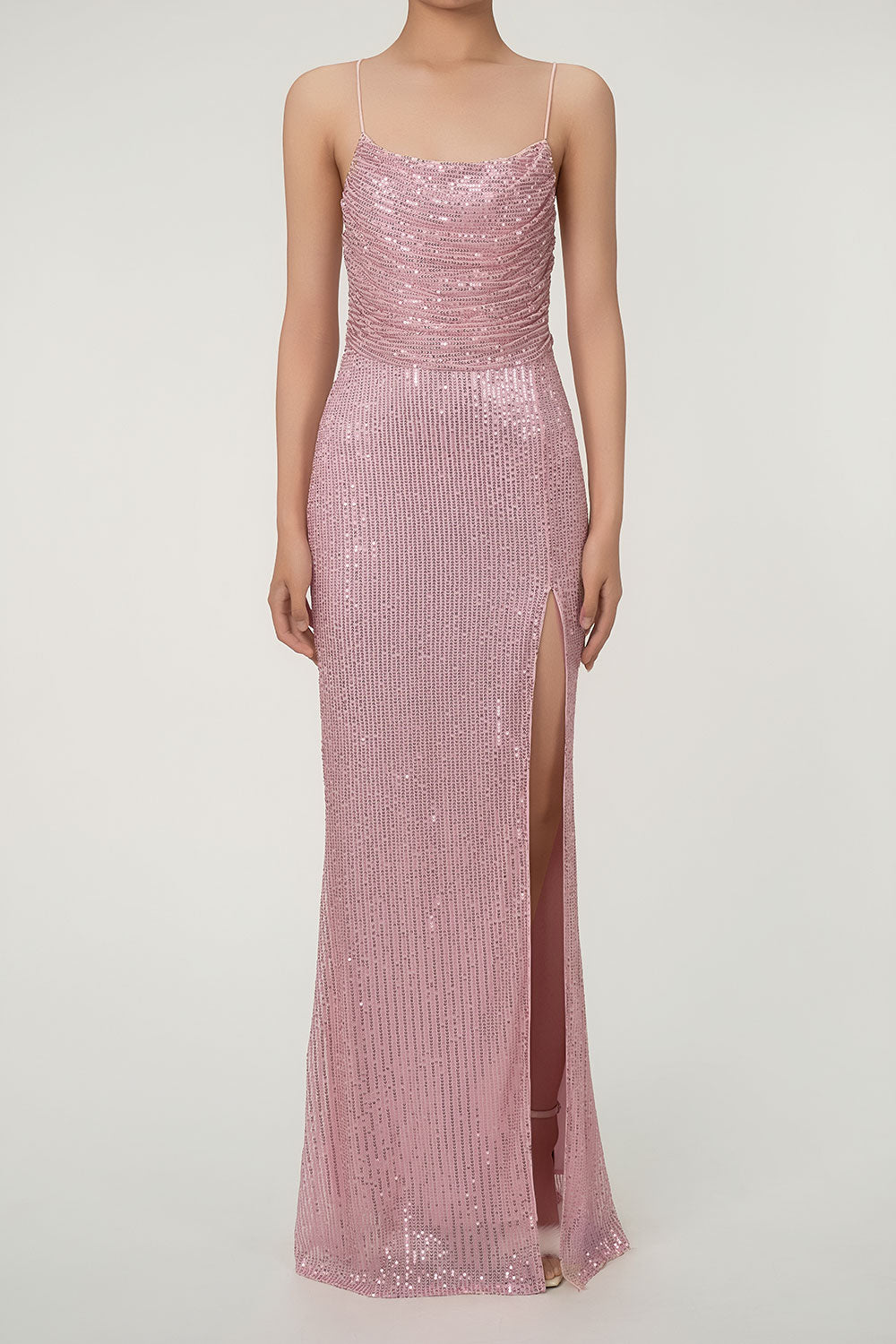 Sparkly Cowl Neck Lace Up Back High Slit Sequin Prom Maxi Dress - Pink  Fashionpara
