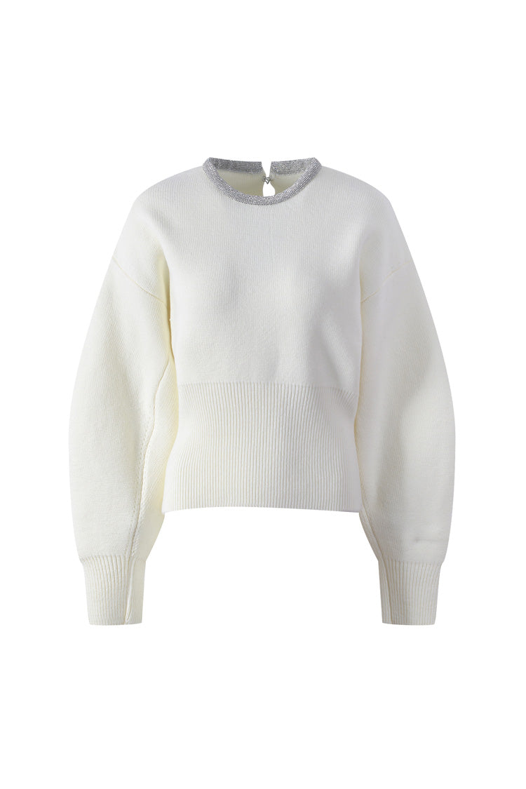 Sparkly Crystal Collar Keyhole Wool Blend Fitted Waist Ribbed Knit Sweater - Fashionpara